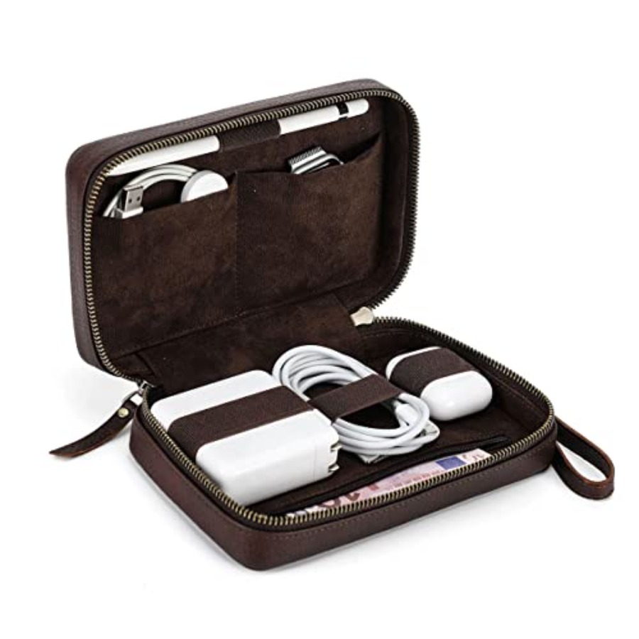 Tech Accessories Organizer - Full Grain Leather Electronic Organizer Travel